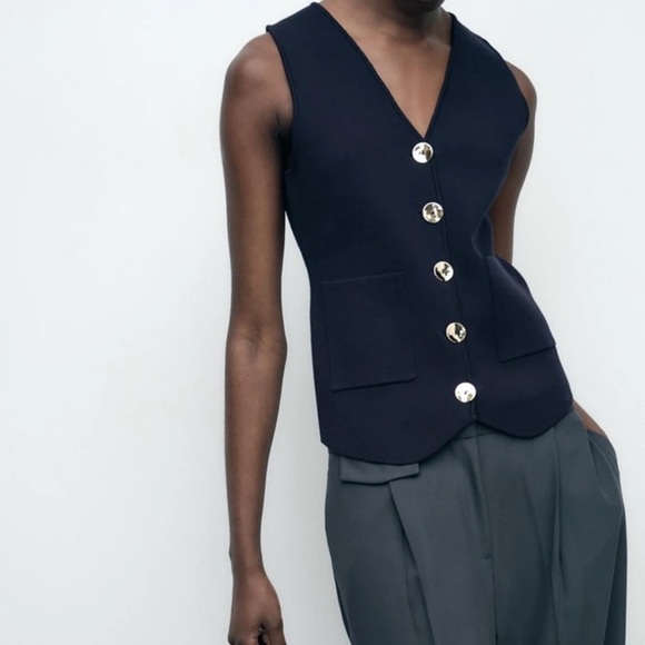 ZARA Gold Button Knitted Vest Top - Picture 2 of 7
